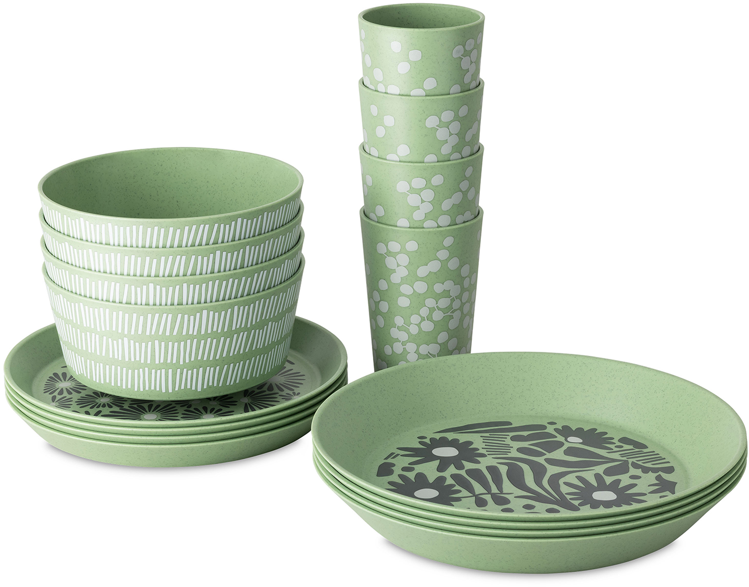 Koziol Blomster Set 16-teiliges Campinggeschirr mit 8 Tellern / 4 Schalen / 4 Bechern nature