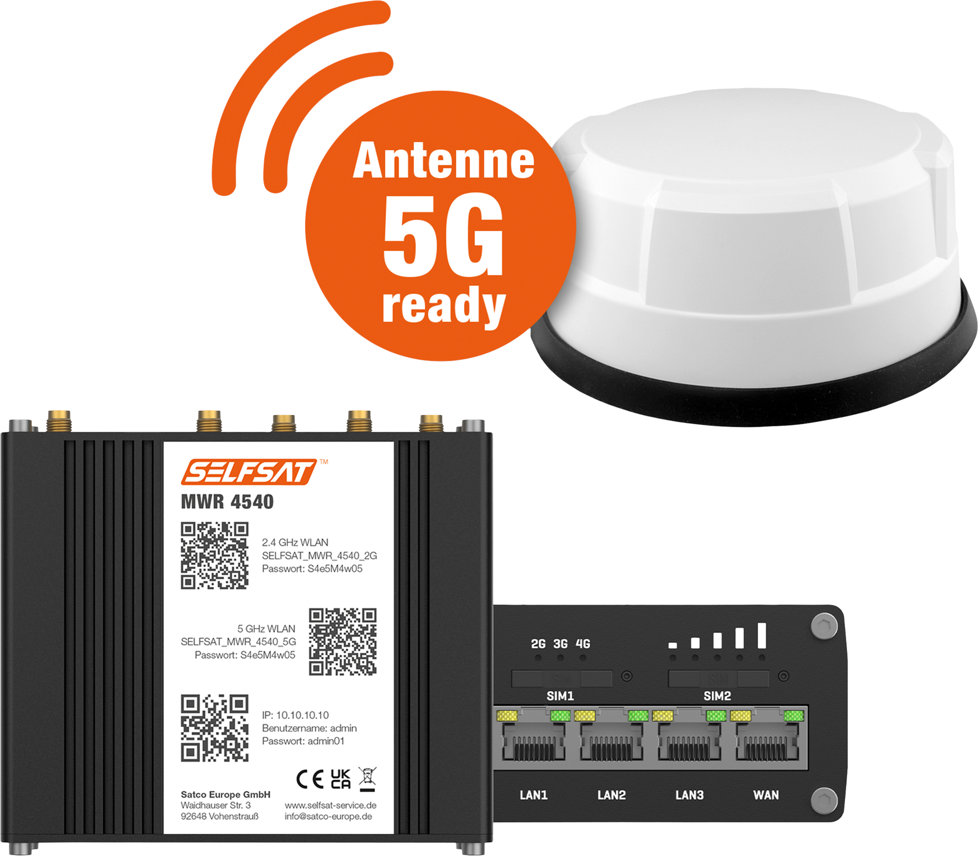 Selfsat 4G Cat 6 WLAN Router MWR 4540 inkl. 5G Panorama Antenne bis 300 Mbps weiß - Router
