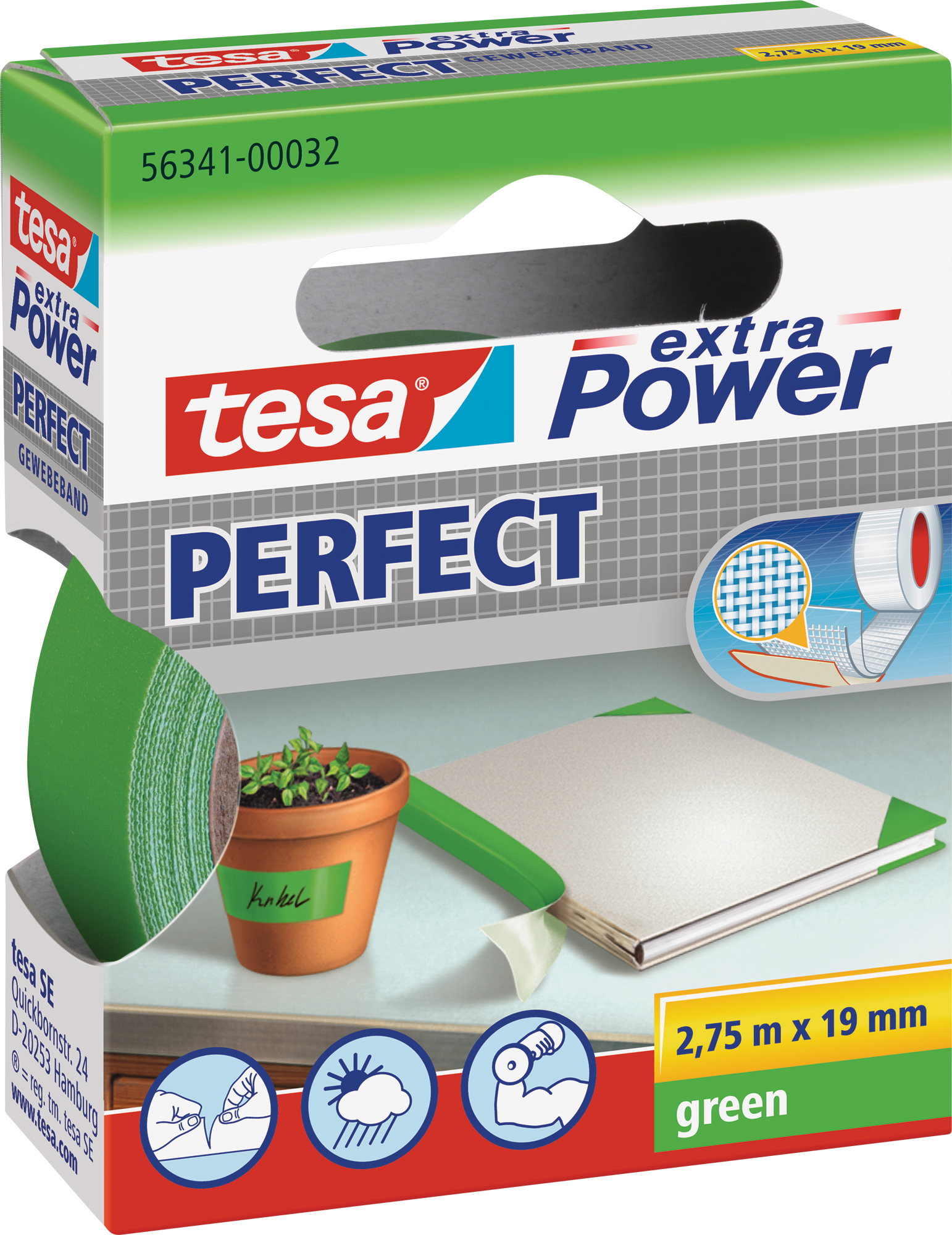 Tesa Extra Power Perfect Klebeband Gewebe 2,75 m Grün 19 mm