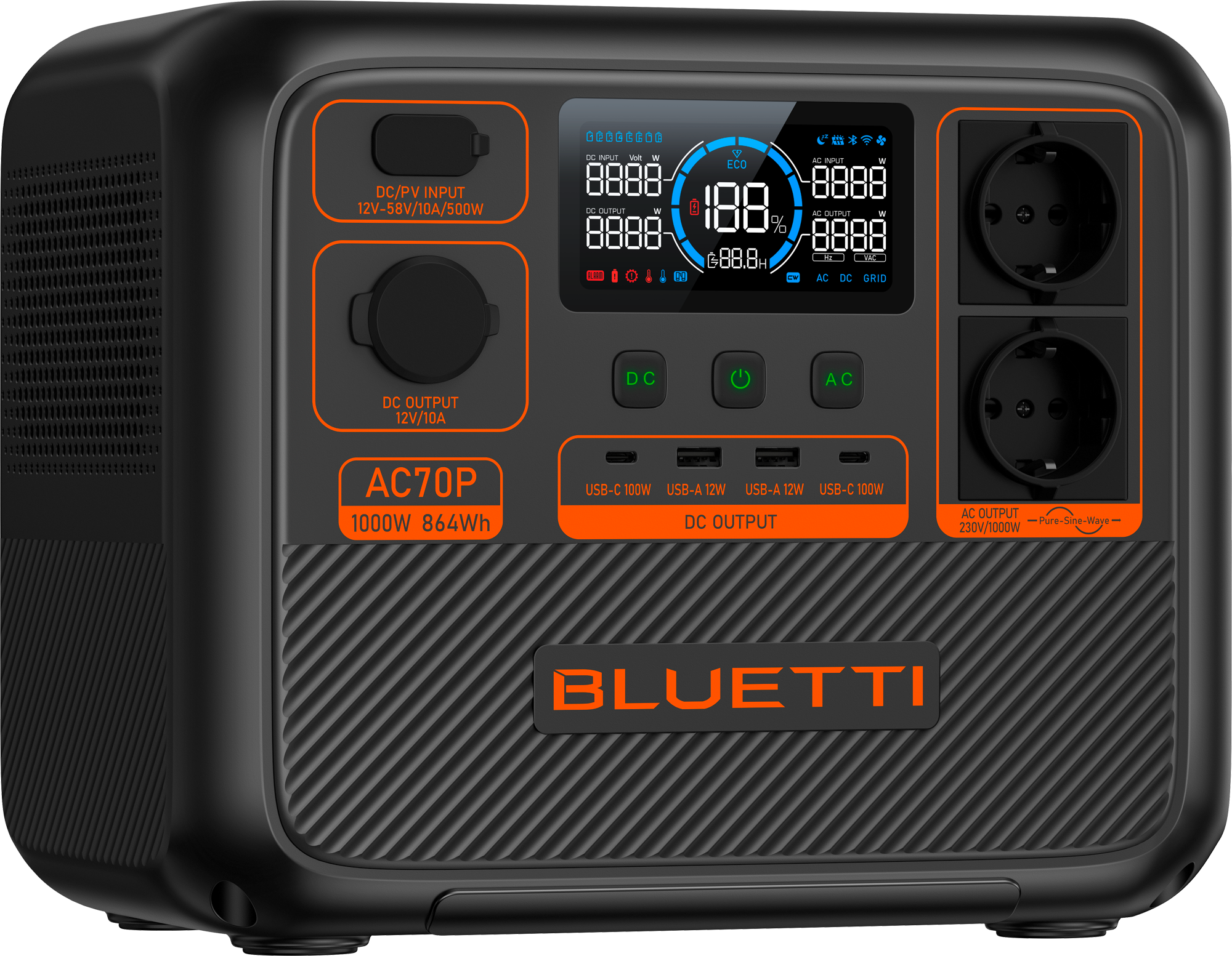 Bluetti AC70P-Black-EU tragbare Powerstation 1000