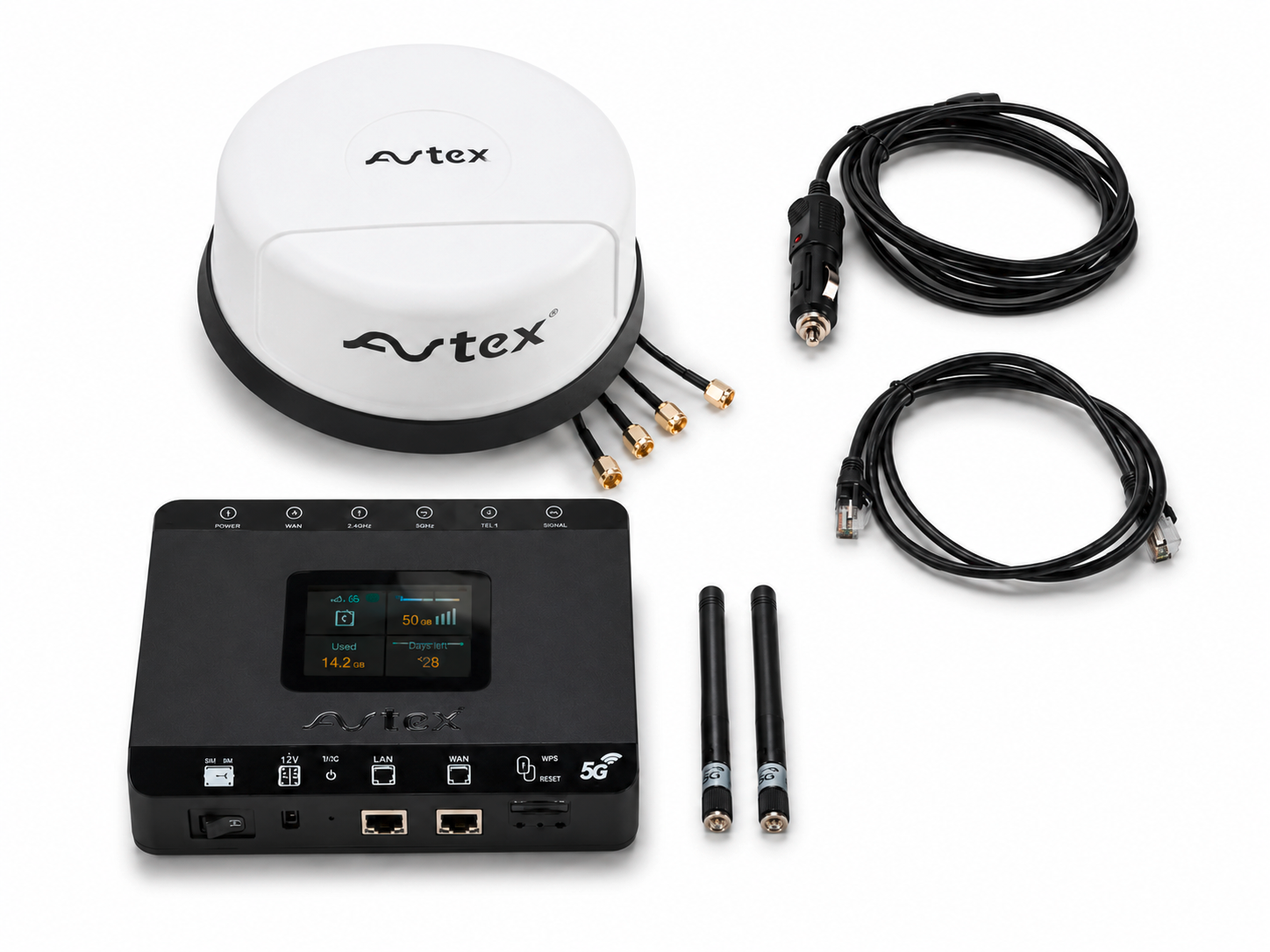 Avtex AMR105X 5G Wi-Fi 6 Dual-SIM-Router mit 5G-Antenne für 12/24 V Antennenfarbe weiß - Router-Sets