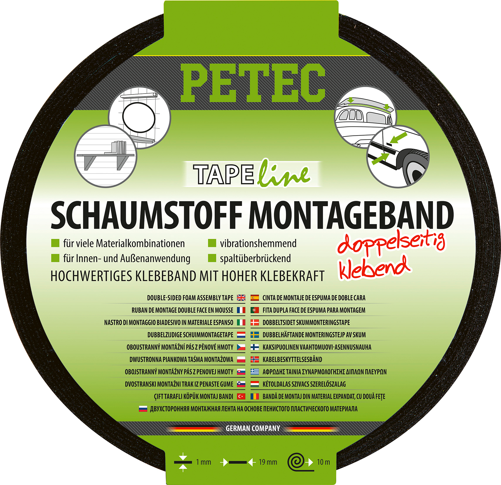Petec Schaumstoff-Montageband doppelseitiges Klebeband 10 m x 19 mm x 1