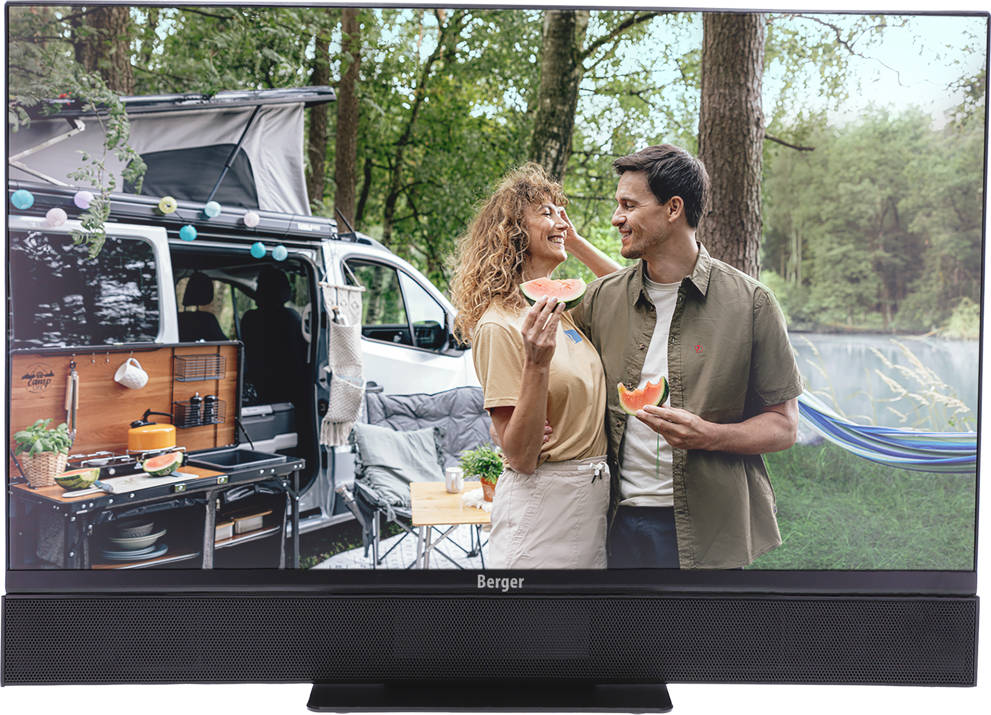 Berger Acoustiq HD Smart Fernseher 22 Zoll mit integrierter Soundbar, Triple-Tuner und 12 / 230 V - Fernseher