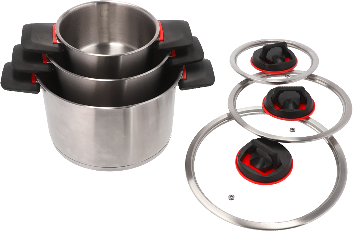 Berger RedSilva Edelstahl Topfset 6-tlg. mit klappbaren Griffen und Glasdeckeln