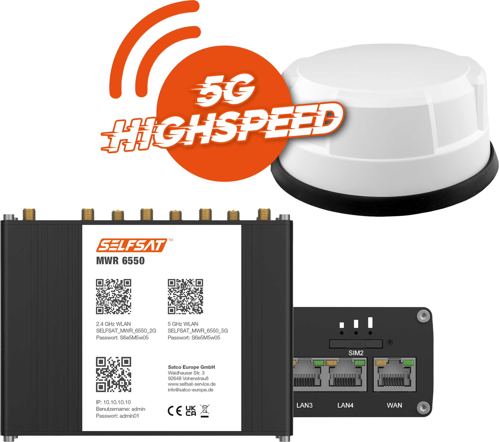 Selfsat 5G Cat 19 WiFi 6 WLAN Router MWR 6550  bis 3,4 Gbps inkl. Panorama Antenne weiß