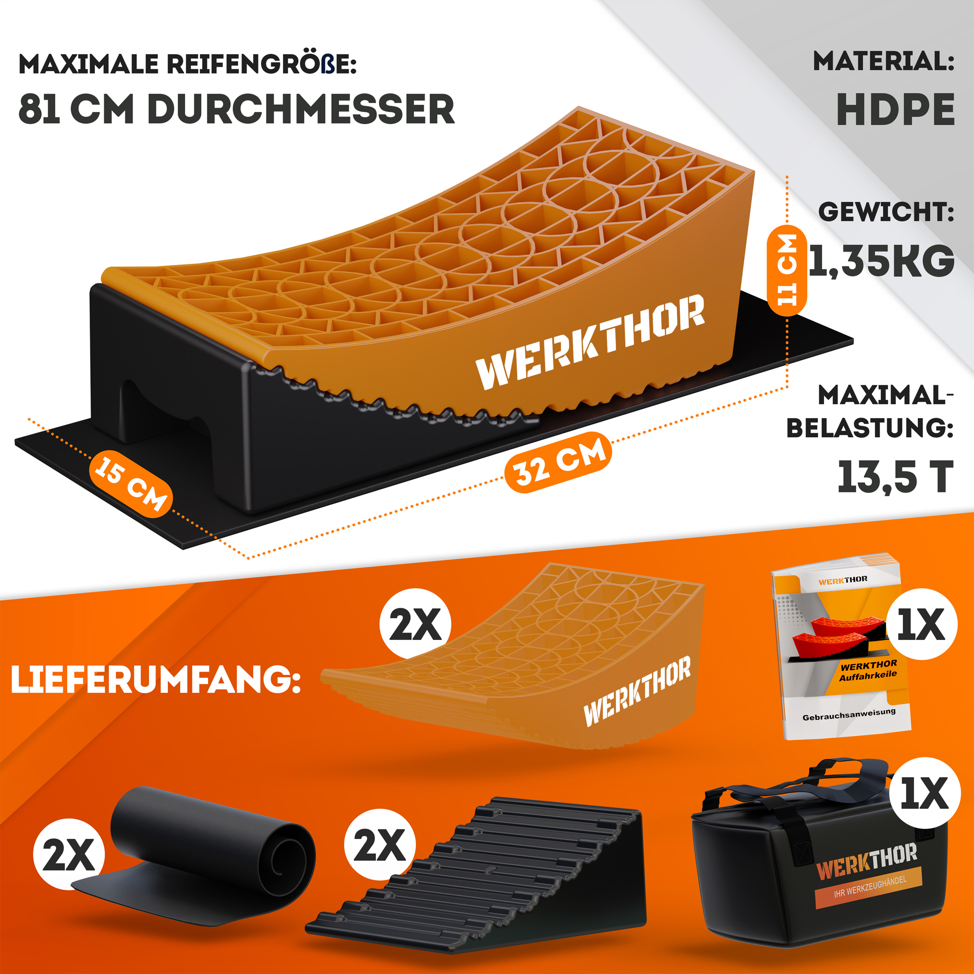 Werkthor Auffahrkeile bis zu 13,5 Tonnen inklusive Transporttasche Größe L orange - Stufen- & Ausgleichskeile