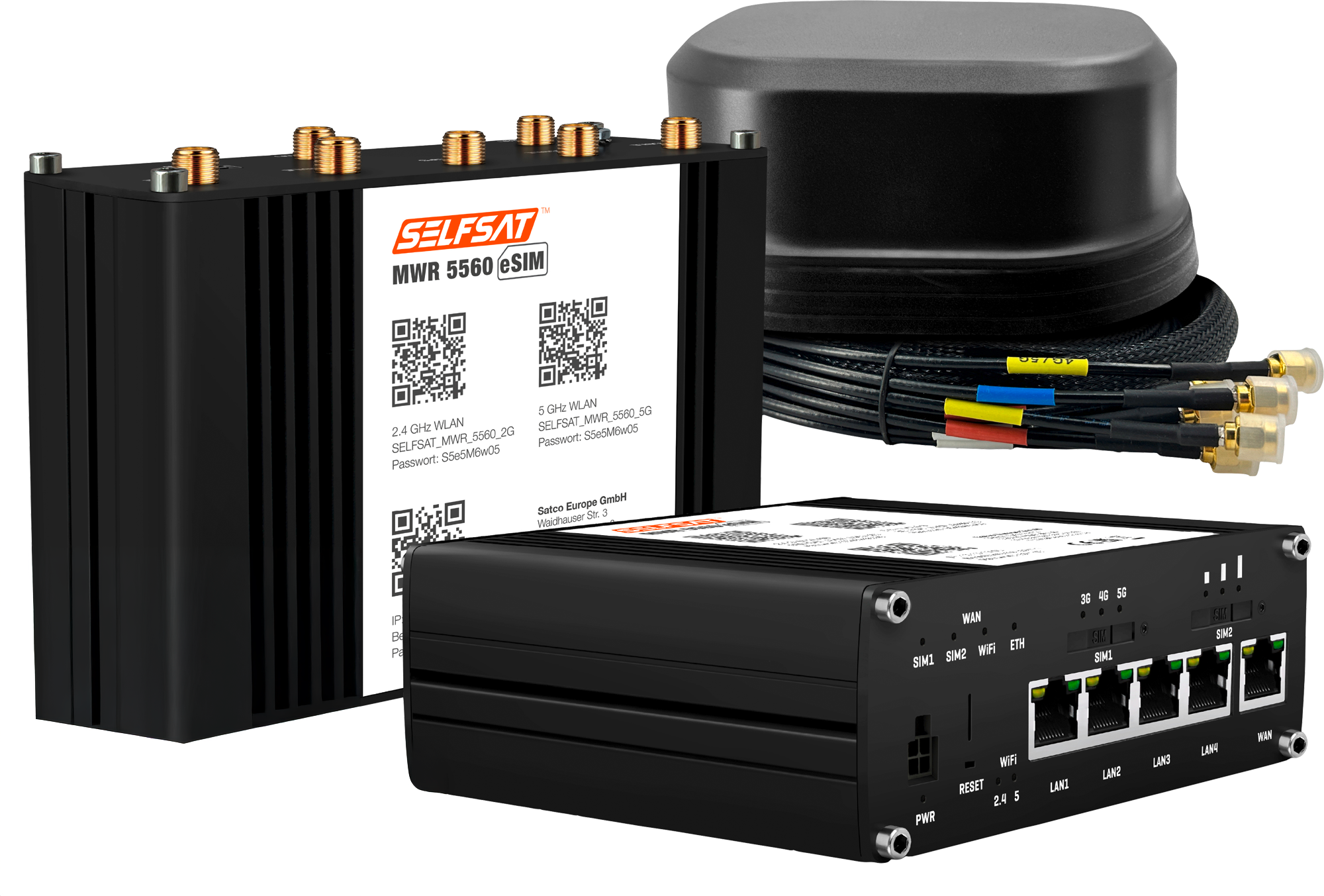 SELFSAT MWR 5560 WLAN Router eSIM 5G Cat 20 bis 3,4 Gbps inklusive SATCO 5G Antenne schwarz - 5G-/LTE-Antennen