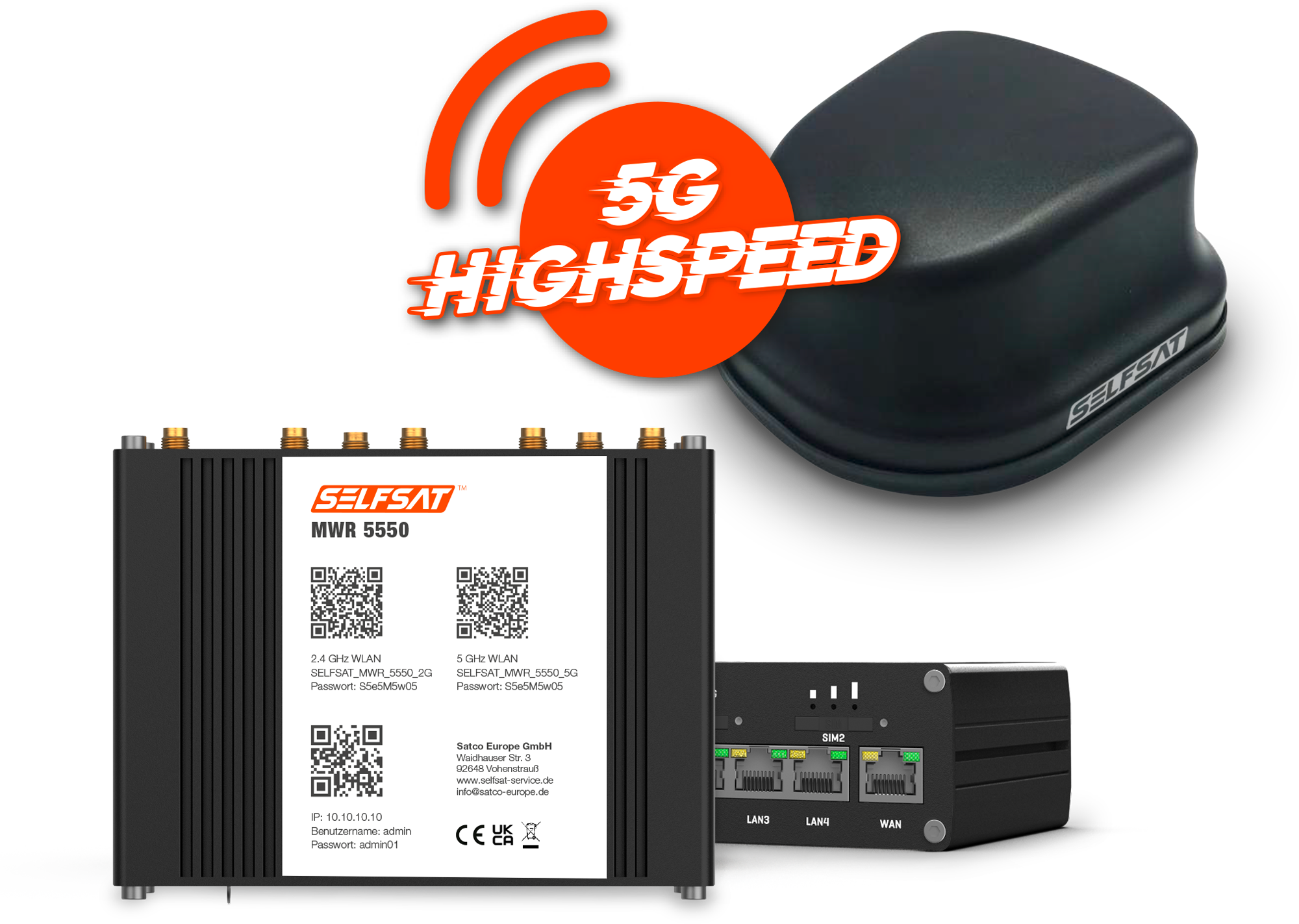 Selfsat 4G / LTE / 5G & WLAN Internet Router Komplettset MWR 5550 bis 3,3 Gbps inkl. 5G Dachantenne