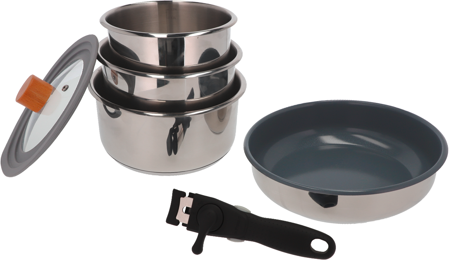 Berger BlueOak Edelstahl Topfset 6-tlg. mit Glasdeckel und Zangengriff