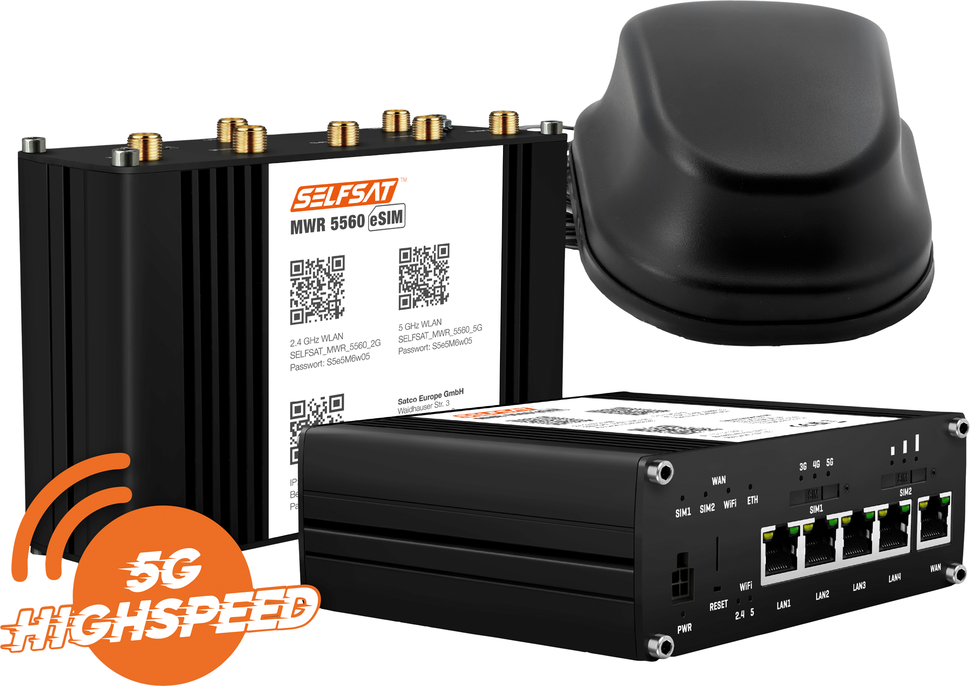 SELFSAT MWR 5560 WLAN Router eSIM 5G Cat 20 bis 3,4 Gbps inklusive SELFSAT 5G Antenne schwarz - 5G-/LTE-Antennen