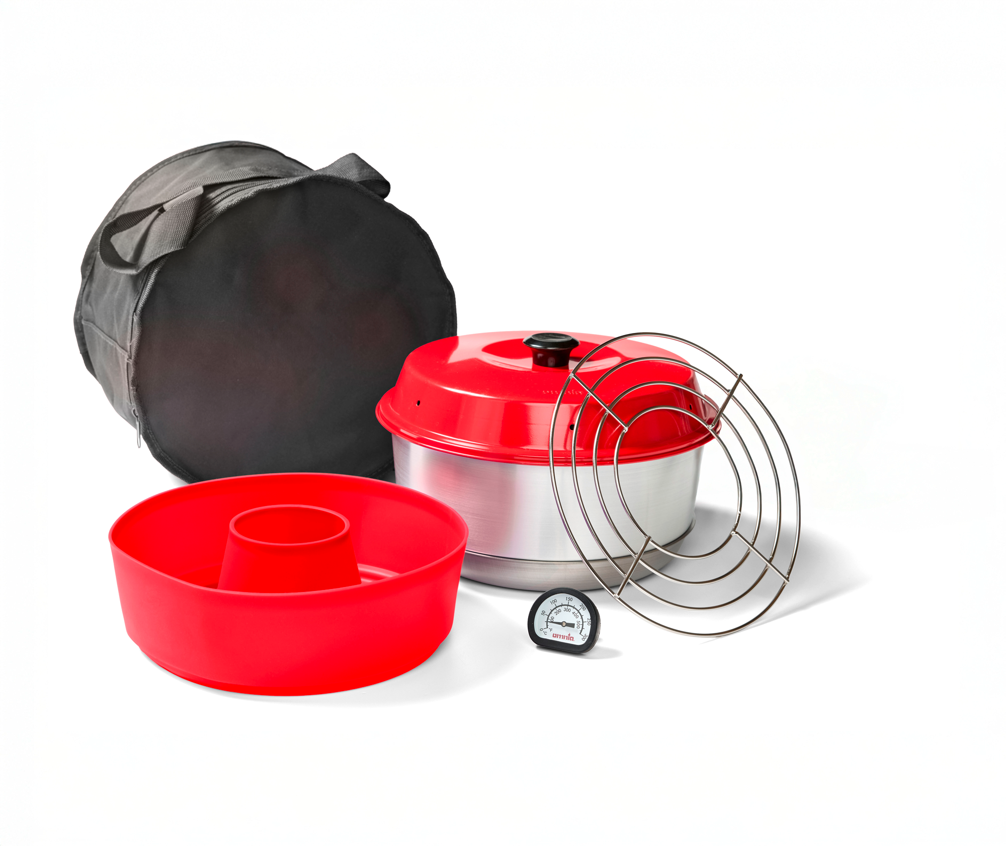 Omnia x Fritz Berger Campingbackofen 3 Liter Set 5-tlg. inkl. Silikonbackform, Aufbackgitter, Transporttasche &