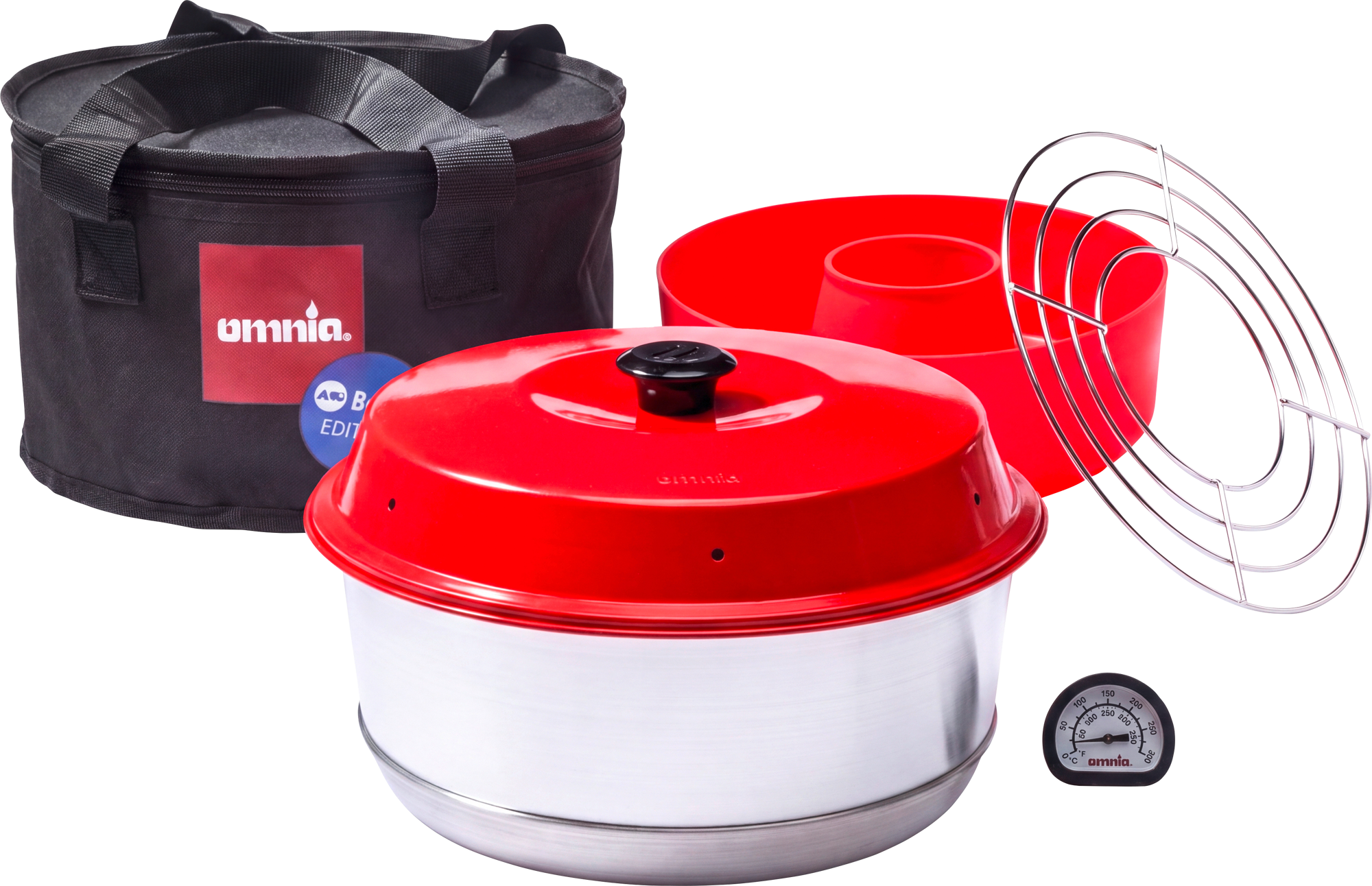 Omnia x Fritz Berger Campingbackofen 3 Liter Set 5-tlg. inkl. Silikonbackform, Aufbackgitter, Transporttasche & Thermometer