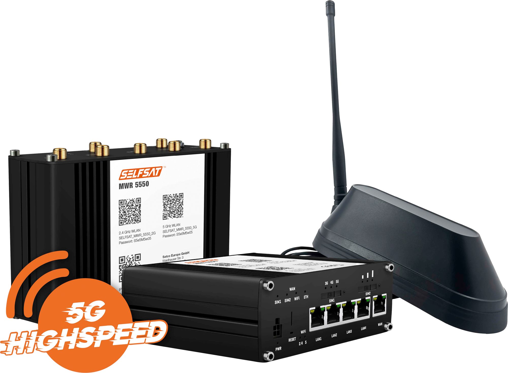 Selfsat MWR 5550 5G Cat 20 WLAN Router mit SHARK 5G Dachantenne schwarz bis 3,3 Gbps - Router-Sets