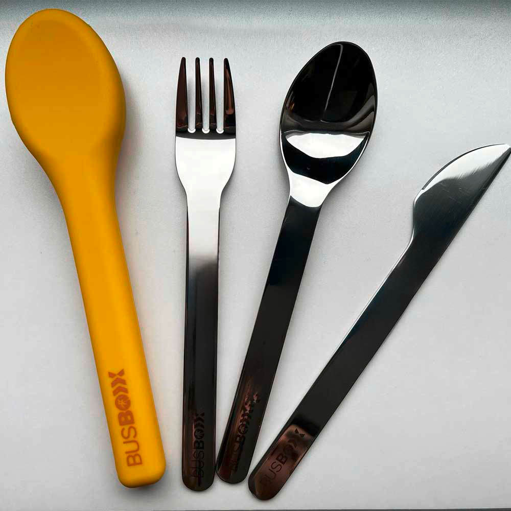 BusBoxx Besteckset 3-teilig mit elastischer Hülle bestehend aus Messer / Gabel / Löffel gelb